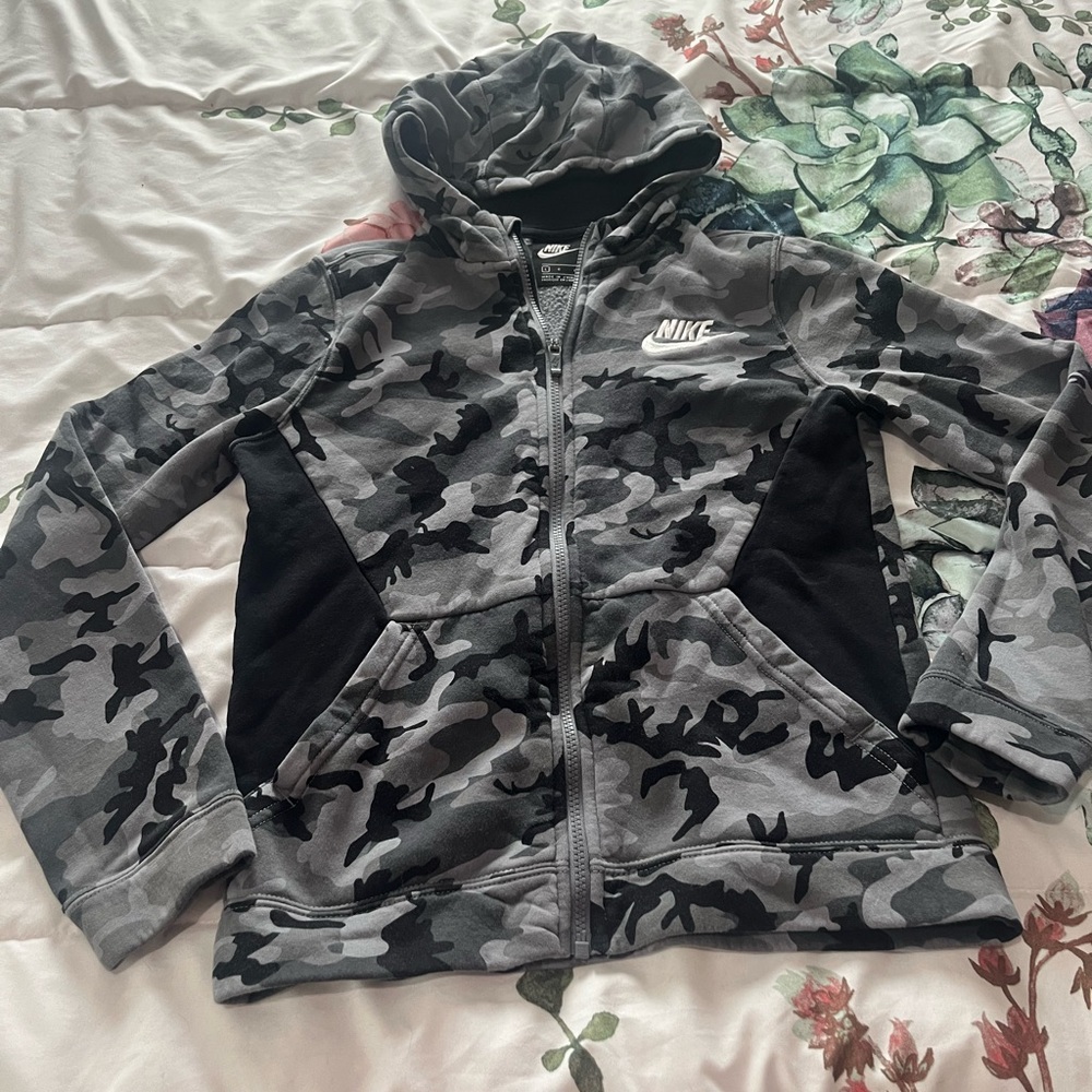 Nike Boys Full Zip Camo Hoodie Grey Black Fleece Sweatshirt Large L